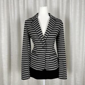 Merona Blazer Jacket Womens Medium Black Gray Stripe Knit Stretch Button Front
